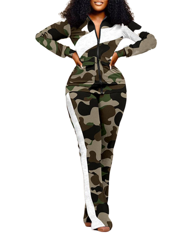 Women Casual Sports Style Zipper Top Sweatpants Two Piece Set