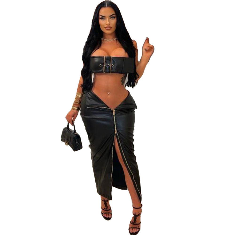 Leather Metal Buckle Skinny Hip Skirt Suit