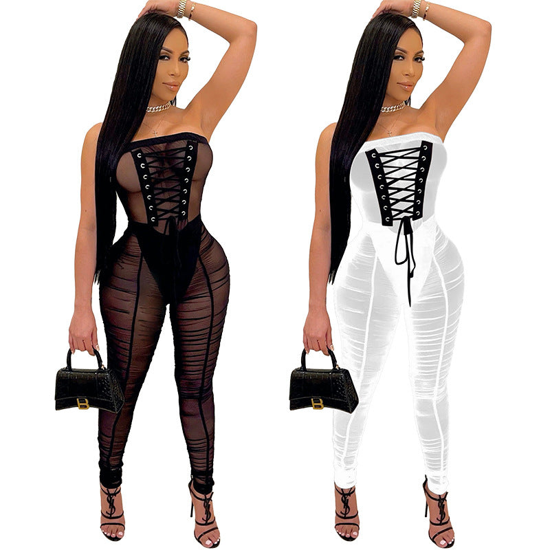 Sexy New Mesh Transparent Tights Jumpsuit High Belt Casual Temperament Commuter Pants