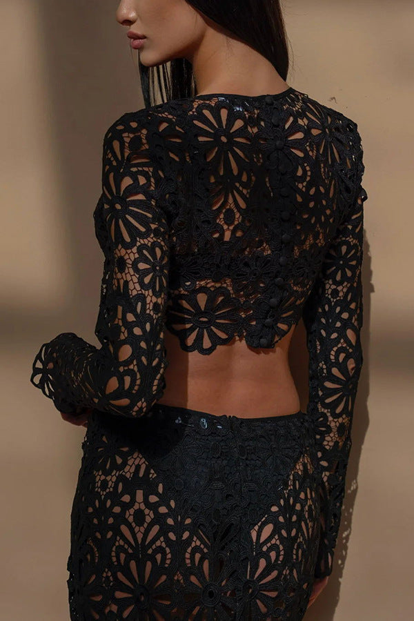 Ladies Slim Fit Hollow-out Lace Tops Skirt Two-piece Suit