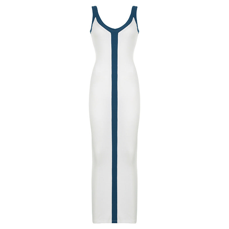 Patchwork Contrast Color V Shaped Low Collar Dress