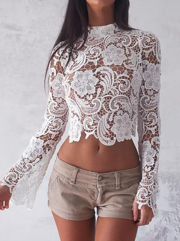 Lace sexy long-sleeved short top