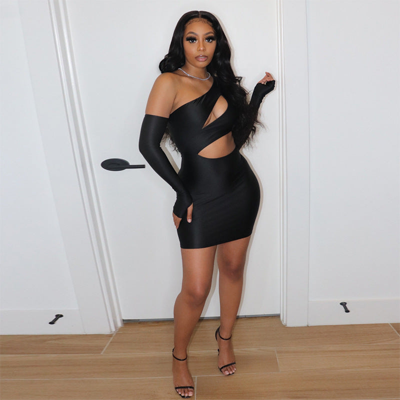 Sexy Slanted Shoulder Hollow Long Sleeve Finger Sleeve Dress
