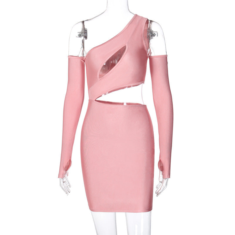 Sexy Slanted Shoulder Hollow Long Sleeve Finger Sleeve Dress