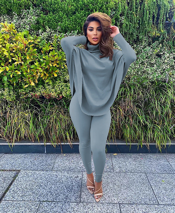 Independent Station Hot Sale Autumn And Winter Hot Style Casual Solid Color Bat Sleeve Suit Plus Size Two-Piece