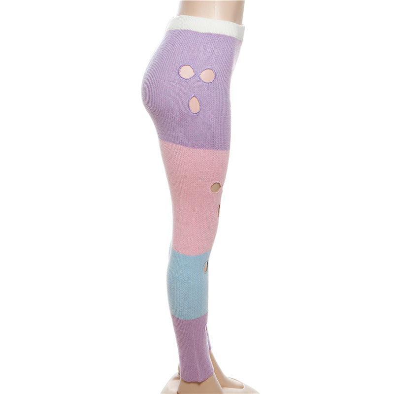 Fall Women's Clothing New Contrast Color Knitted High Waist Straight Casual Pants