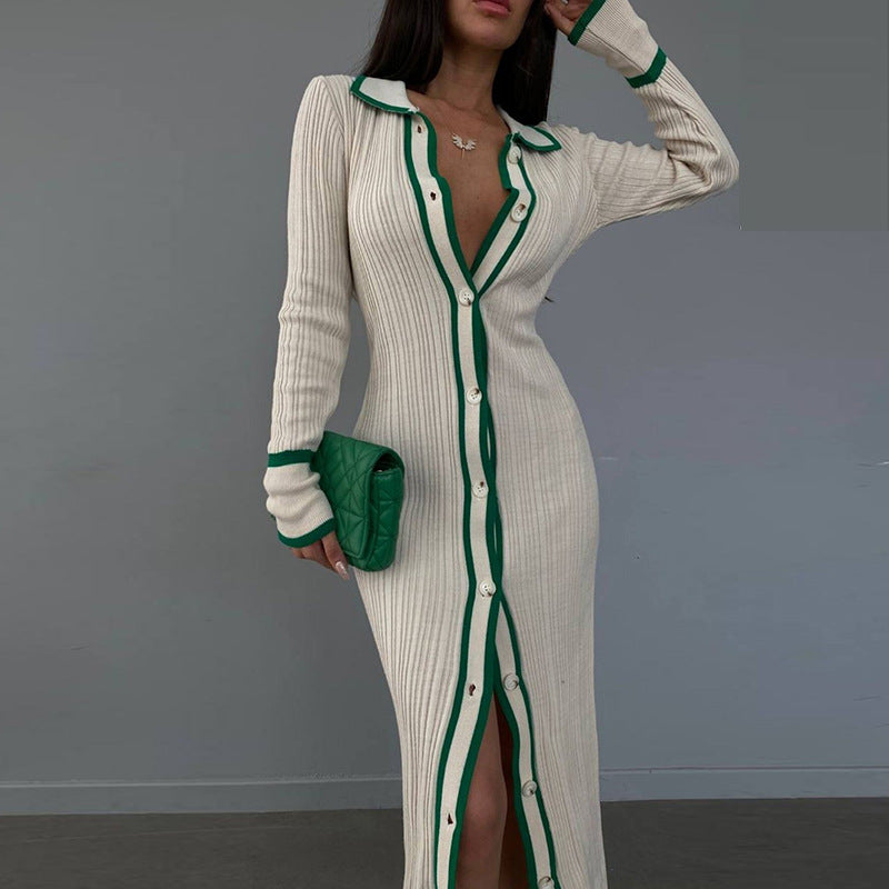 Lapel Patchwork Women's Long-sleeved Cardigan Beach Dress