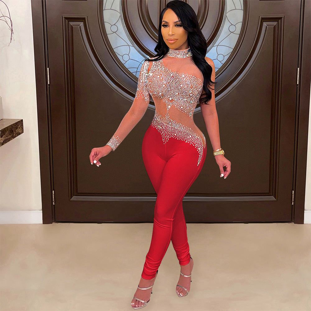 Fashion Sexy Mesh See Through Hot Drilling Trousers