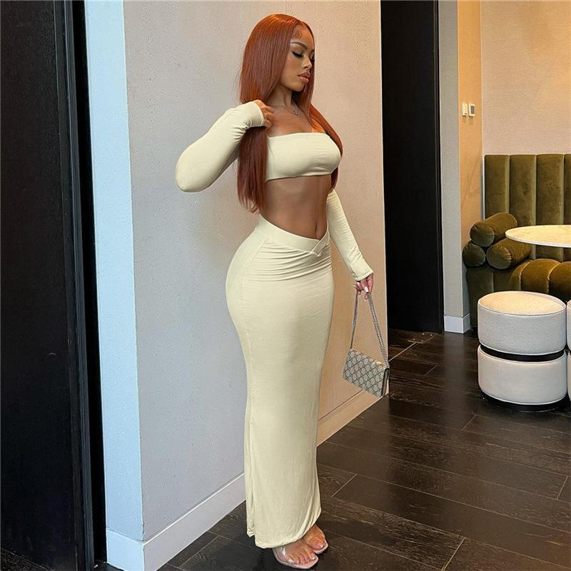Women's Fashion Square Collar Navel T-shirt Slim Fit Low Waist Hip-wrapped Skirt Suit