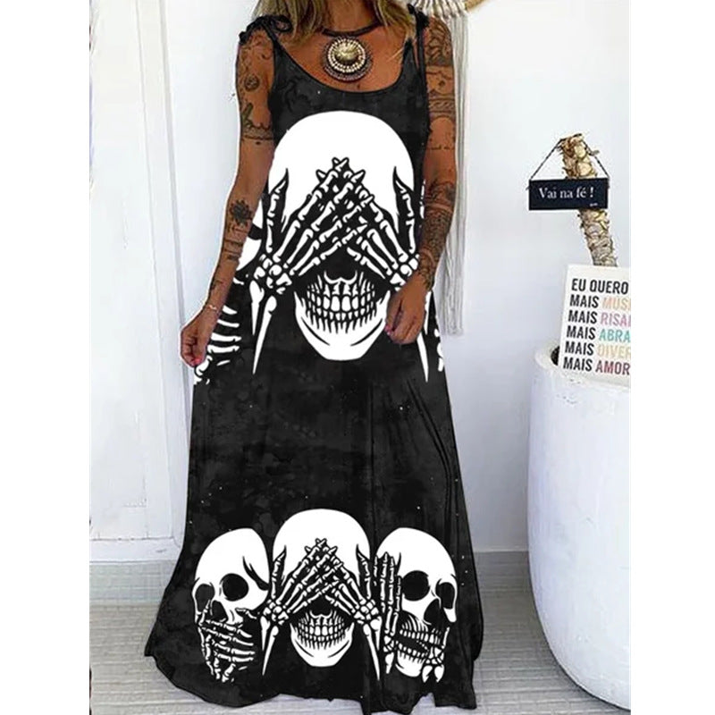 Punk Skull Print Loose Plus Size Lace-up Dress