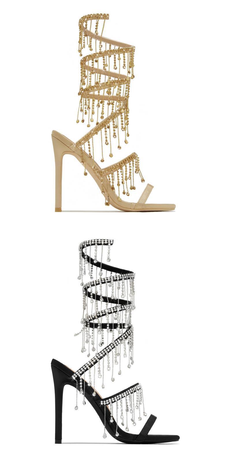 New Black Gold 11cm Stiletto Heel Small Round Toe Satin Surface Rhinestone High-heeled Sandals Summer Rivet