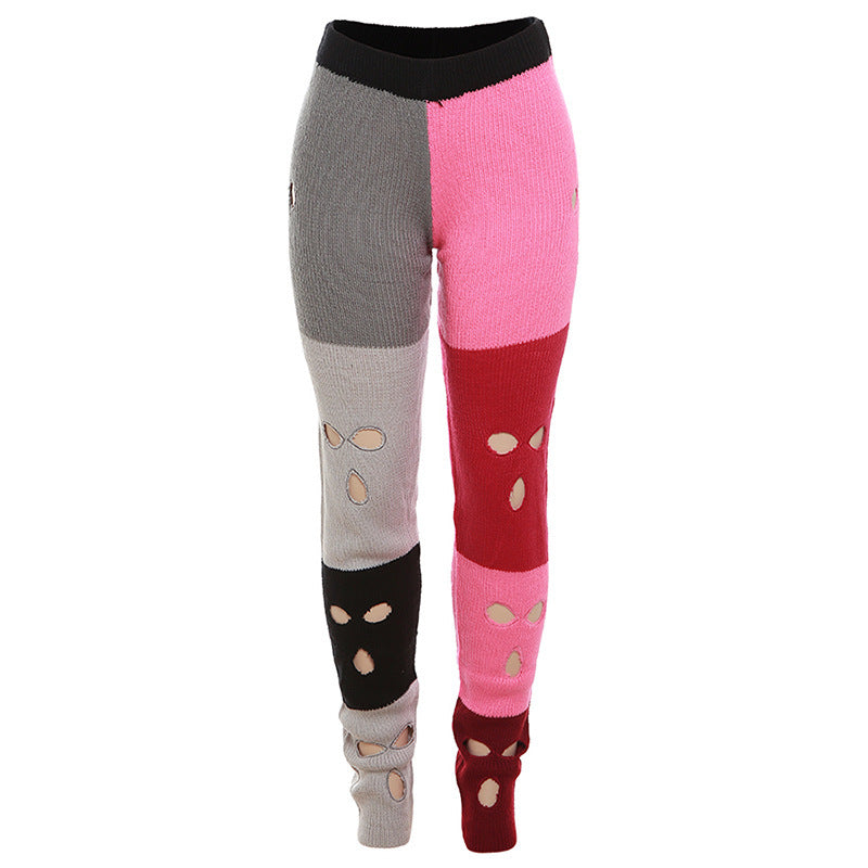 Fall Women's Clothing New Contrast Color Knitted High Waist Straight Casual Pants
