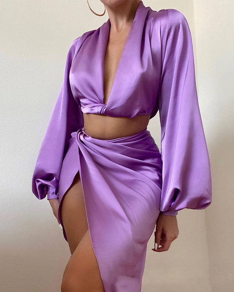 Fashion V-neck Split Satin Sexy Two-piece Suit