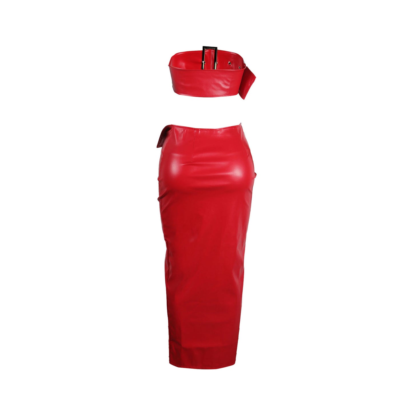 Leather Metal Buckle Skinny Hip Skirt Suit