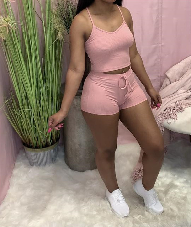 Women's Casual Sports Solid Color Sling Hot Pants Two-piece Suit
