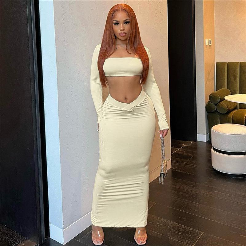 Women's Fashion Square Collar Navel T-shirt Slim Fit Low Waist Hip-wrapped Skirt Suit