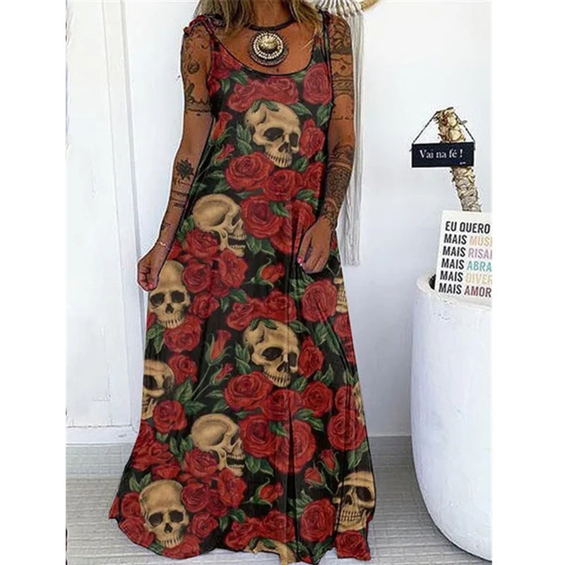 Punk Skull Print Loose Plus Size Lace-up Dress