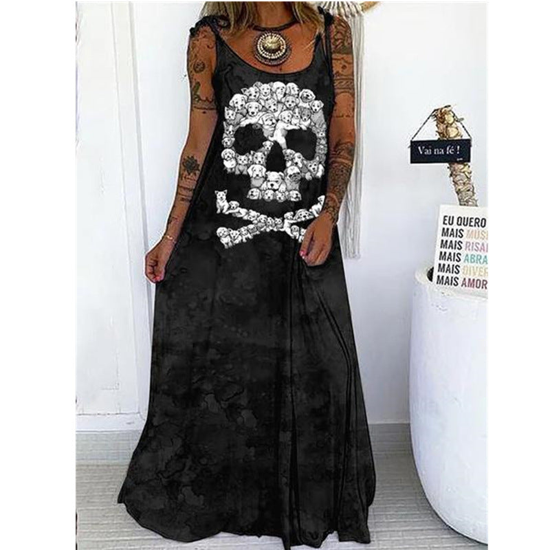 Punk Skull Print Loose Plus Size Lace-up Dress