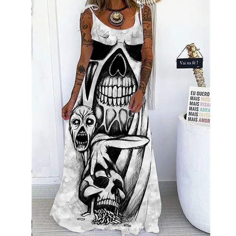 Punk Skull Print Loose Plus Size Lace-up Dress