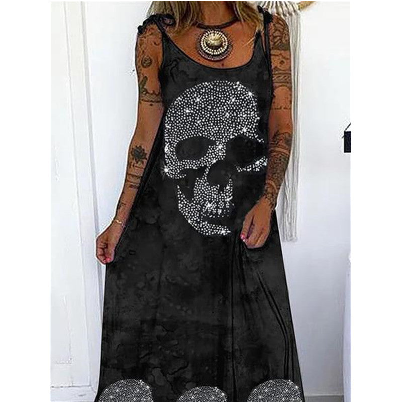 Punk Skull Print Loose Plus Size Lace-up Dress
