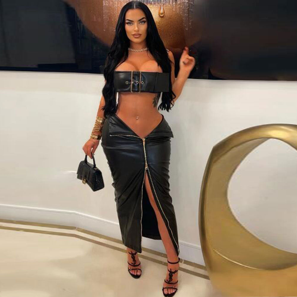 Leather Metal Buckle Skinny Hip Skirt Suit