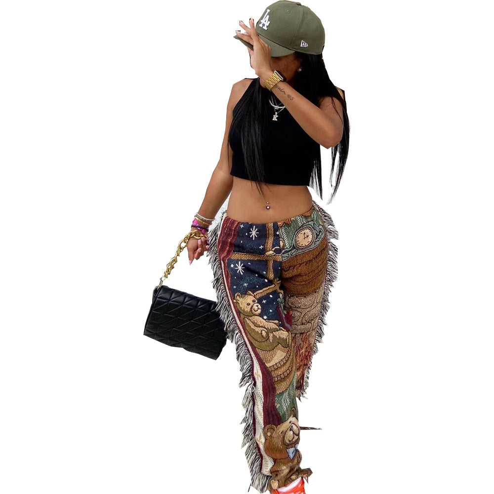 Fashion Cartoon Printed Tassel Casual Pants