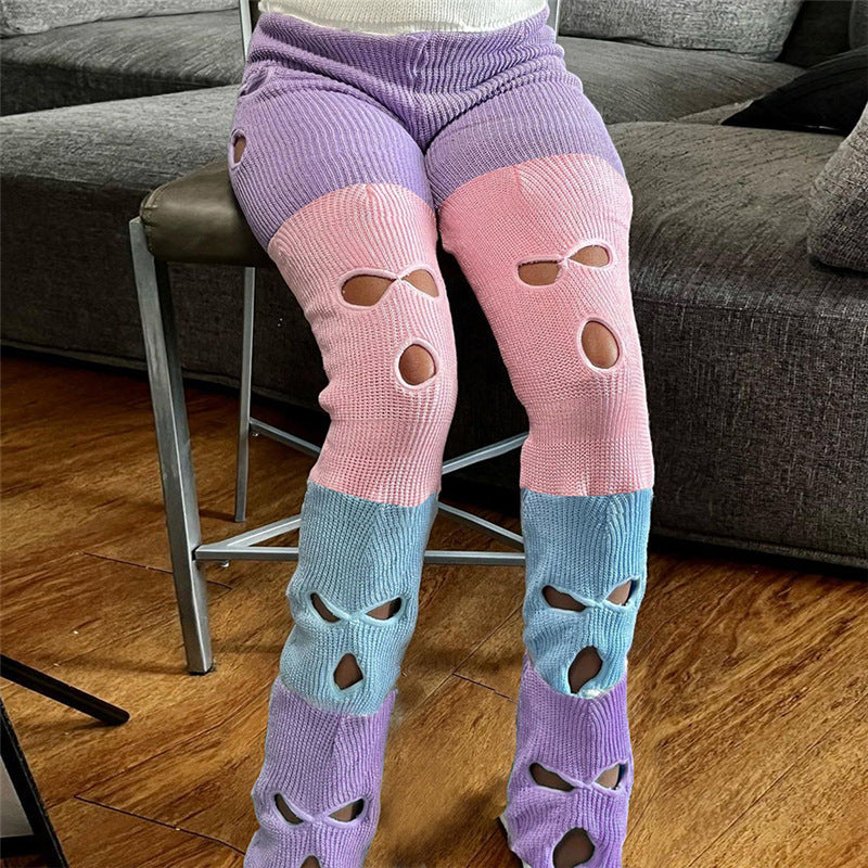 Fall Women's Clothing New Contrast Color Knitted High Waist Straight Casual Pants