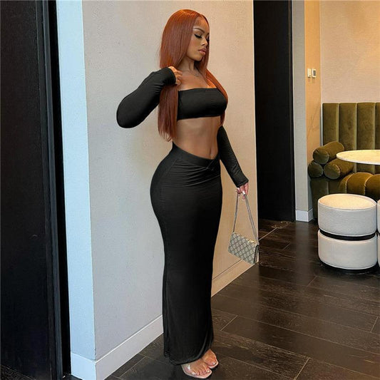 Women's Fashion Square Collar Navel T-shirt Slim Fit Low Waist Hip-wrapped Skirt Suit