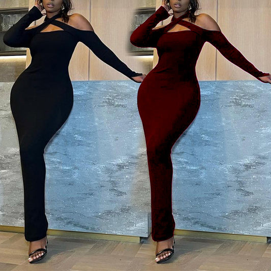 Winter Solid Color Fashion Women Clothing Off-shoulder Halter Long Thin Sunken Stripe Pencil Skirt