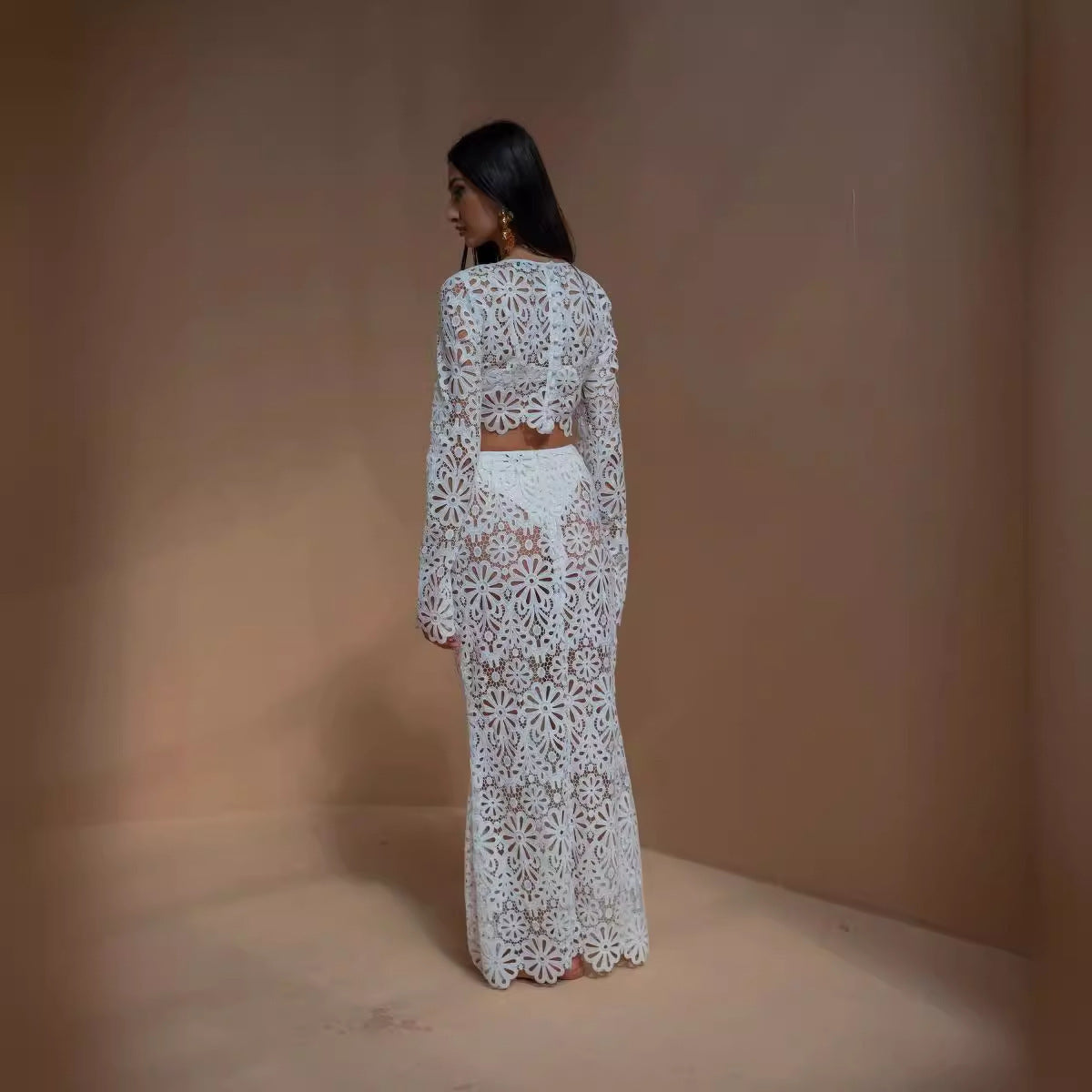 Ladies Slim Fit Hollow-out Lace Tops Skirt Two-piece Suit