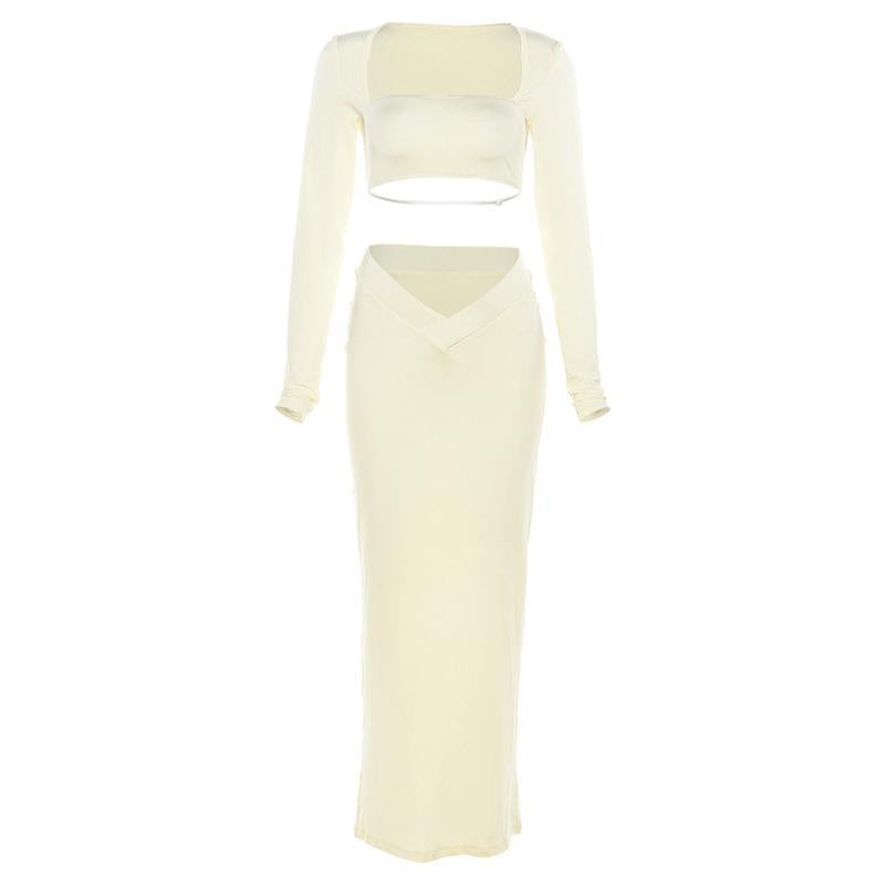 Women's Fashion Square Collar Navel T-shirt Slim Fit Low Waist Hip-wrapped Skirt Suit