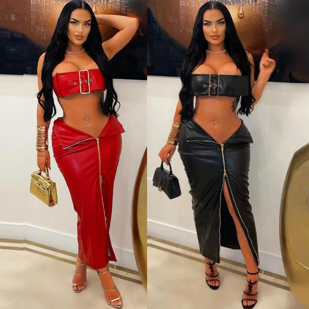Leather Metal Buckle Skinny Hip Skirt Suit
