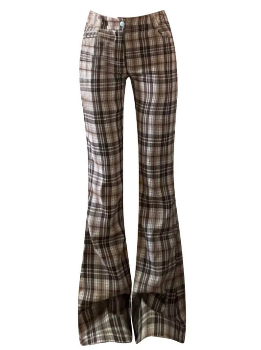 Fashion Plaid Flare Long Trousers Bell Bottom Grunge