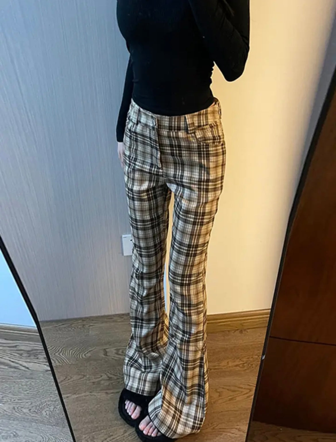 Fashion Plaid Flare Long Trousers Bell Bottom Grunge