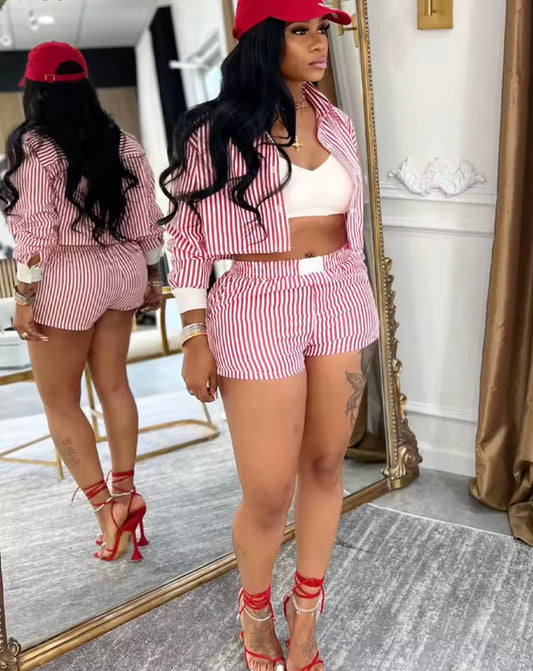 Women's Red Striped Blouse Shirt Top And Matching Shorts Set Summer Tracksuits Set 2 Piece Outfits
