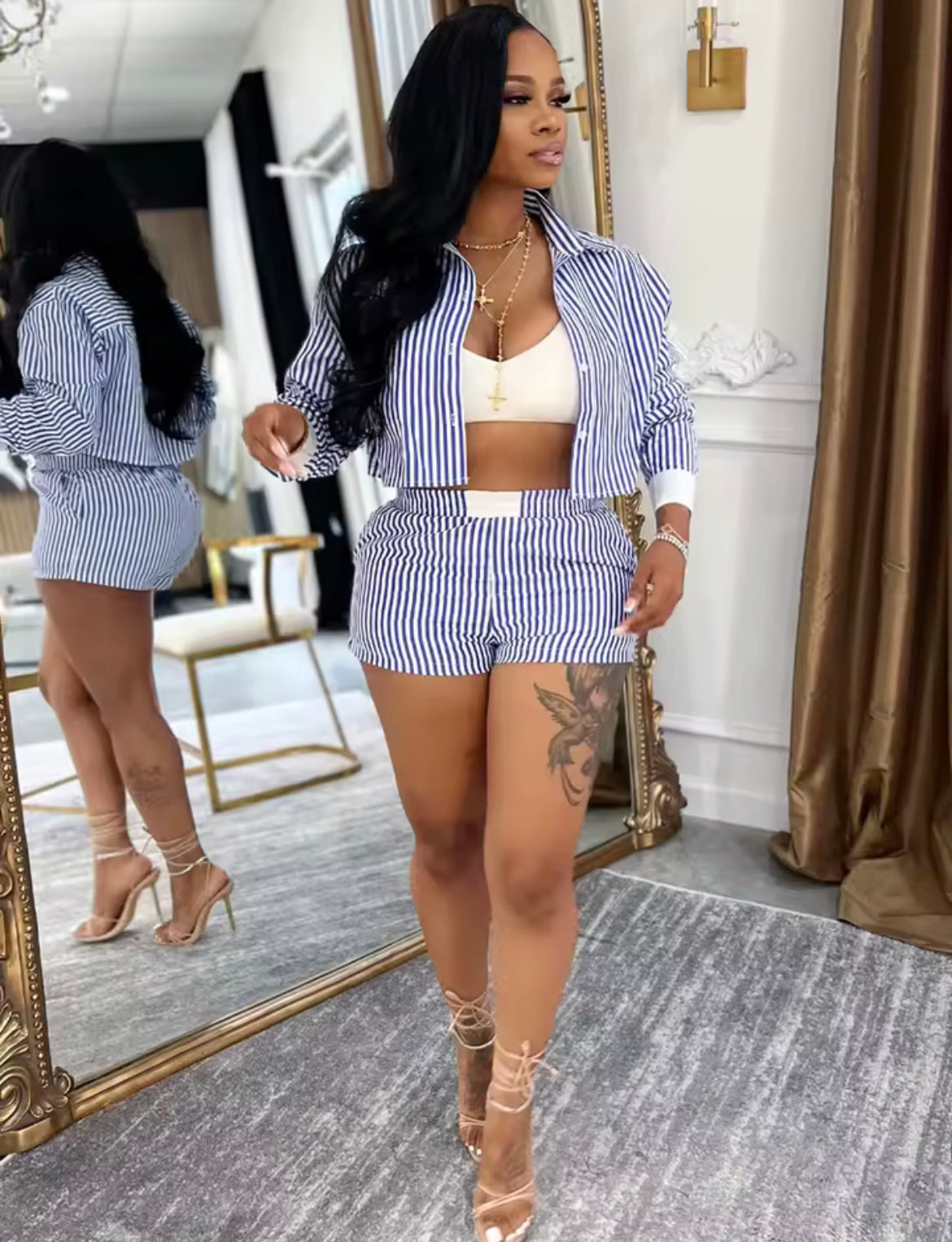 Women's Red Striped Blouse Shirt Top And Matching Shorts Set Summer Tracksuits Set 2 Piece Outfits