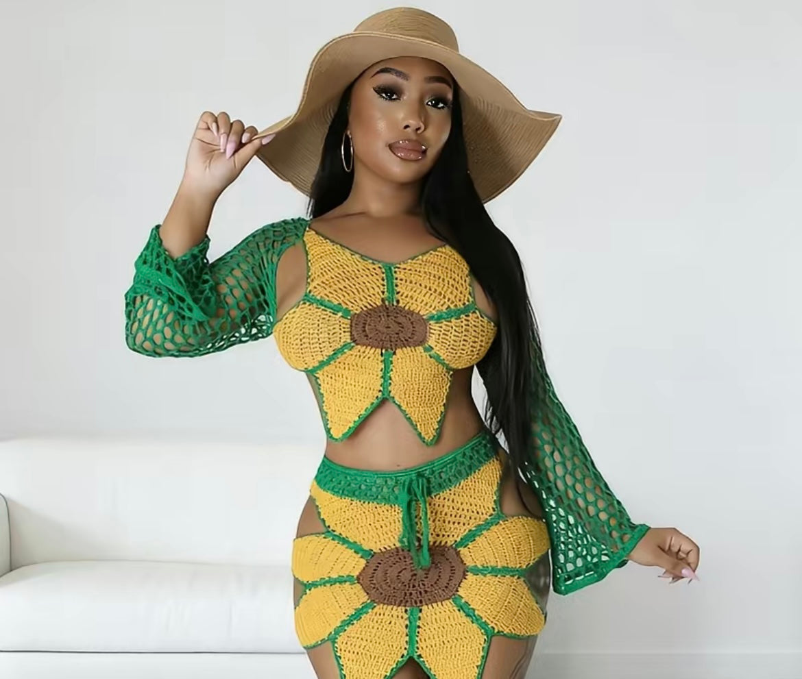 Sexy Hollow Out Beach Bandage 2 Piece Set Women Outfits Long Sleeve