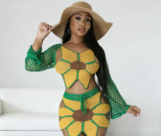Sexy Hollow Out Beach Bandage 2 Piece Set Women Outfits Long Sleeve