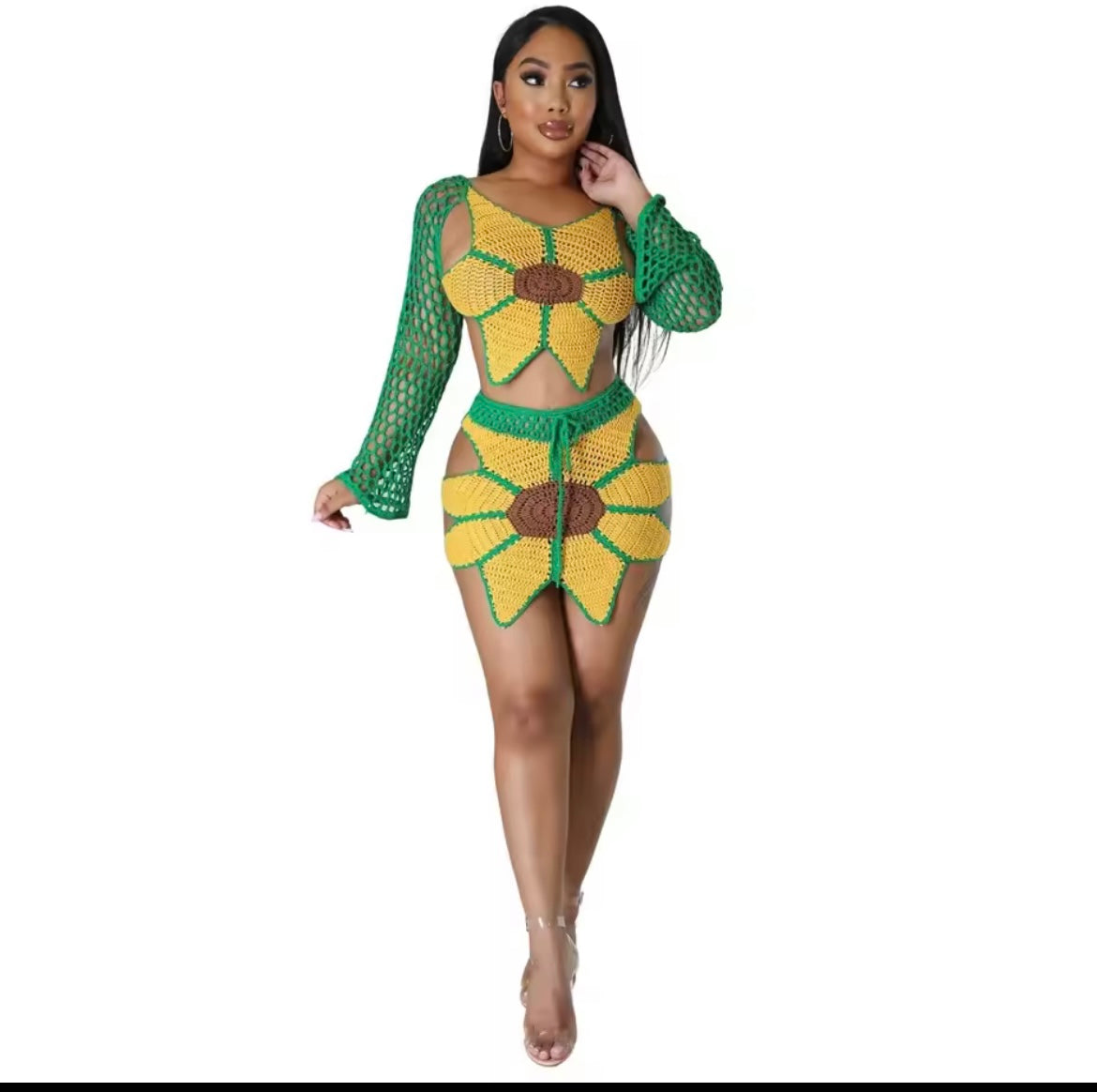 Sexy Hollow Out Beach Bandage 2 Piece Set Women Outfits Long Sleeve
