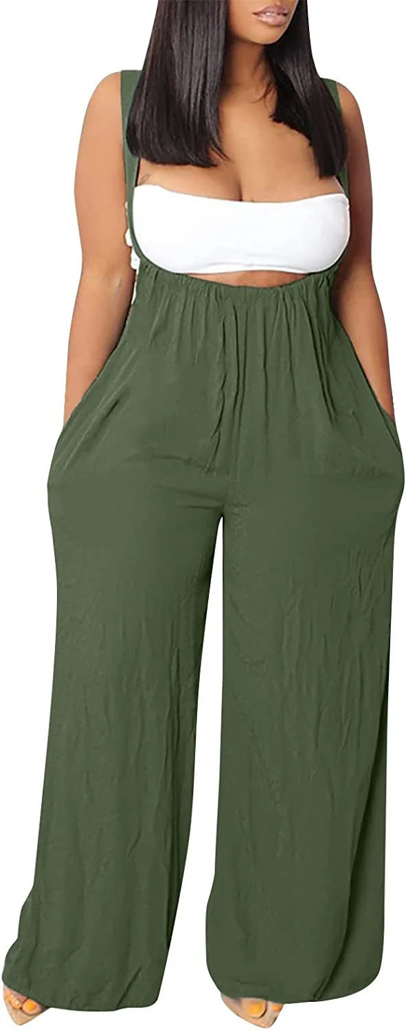 Women's Fashion Casual Solid Color Sling Wide-leg Trousers