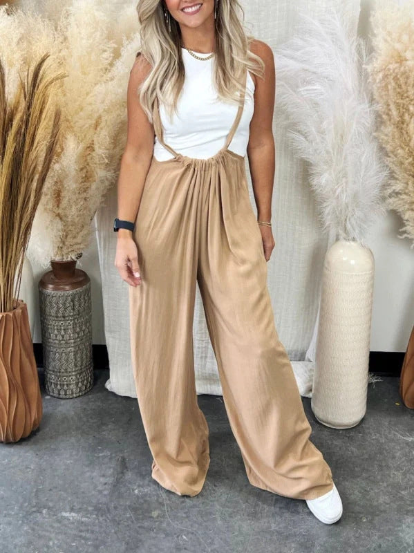 Women's Fashion Casual Solid Color Sling Wide-leg Trousers