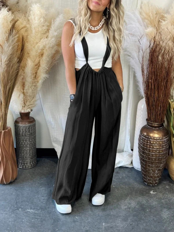 Women's Fashion Casual Solid Color Sling Wide-leg Trousers