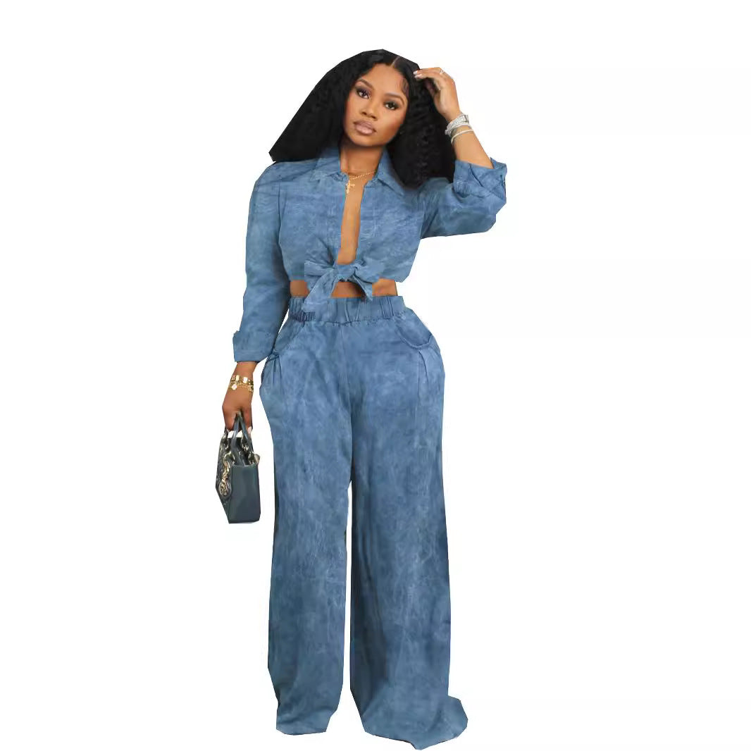Women's Long-sleeved Casual Shirt Wide-leg Pants