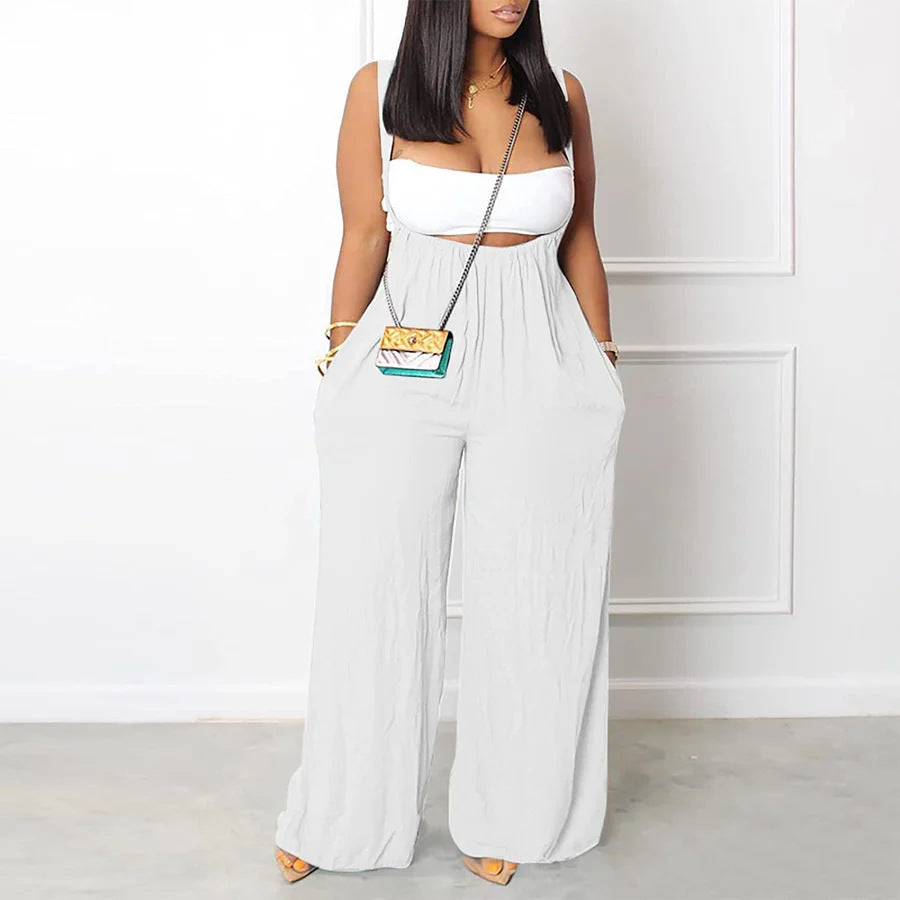 Women's Fashion Casual Solid Color Sling Wide-leg Trousers
