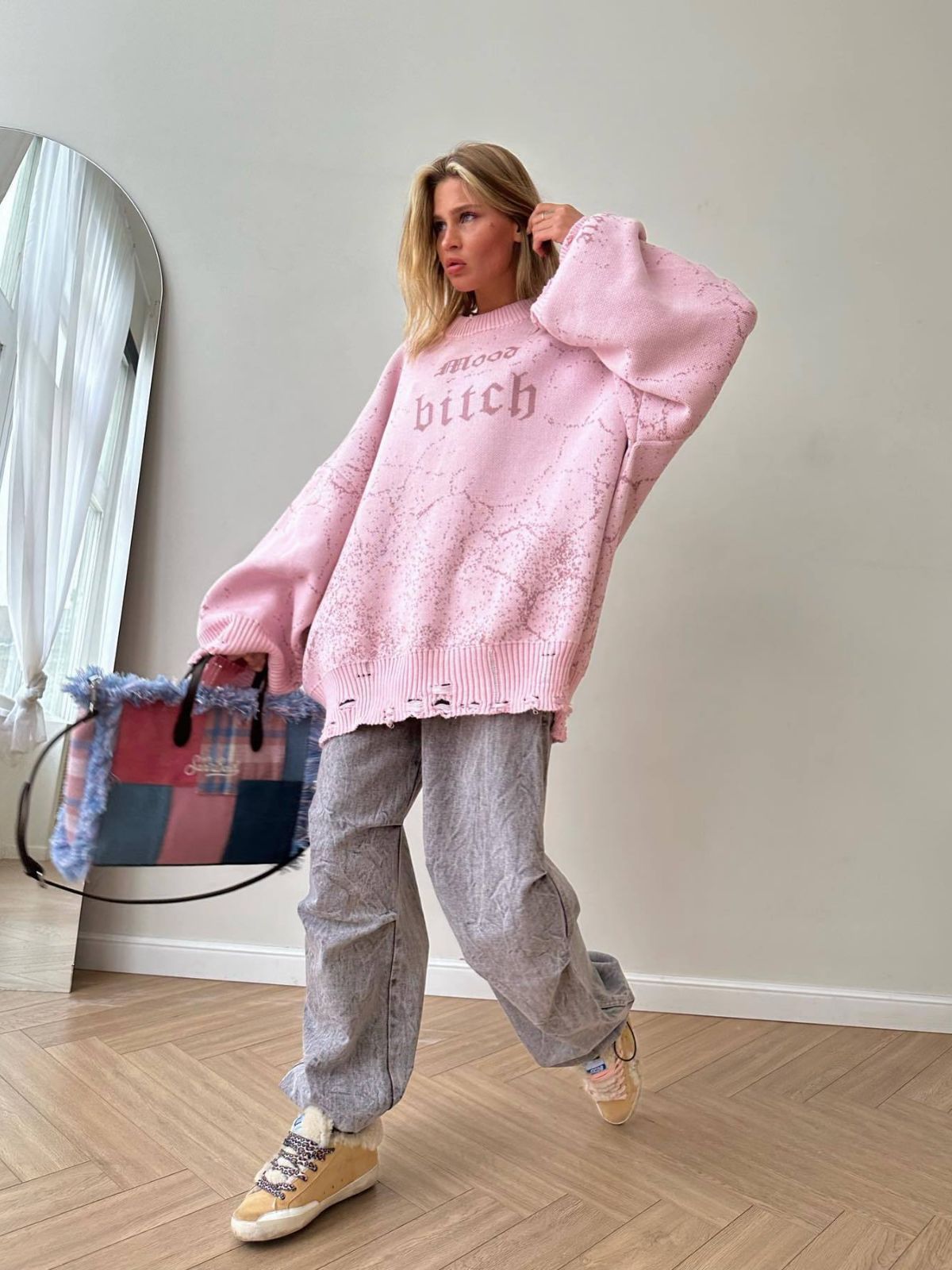 Hollow Out Sweater Cotton Niche Women's Casual Loose Round Neck Printed Woolen To