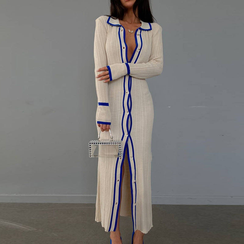 Lapel Patchwork Women's Long-sleeved Cardigan Beach Dress
