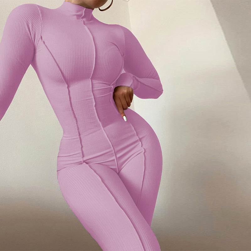 New Women's Fashion High Collar Tight High Waist Casual Solid Color Sports Jumpsuit