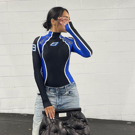 Racing Style Bump Color Stitching High Neck Tight Show Slim Long Sleeve Jumpsuit