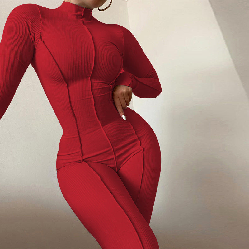 New Women's Fashion High Collar Tight High Waist Casual Solid Color Sports Jumpsuit
