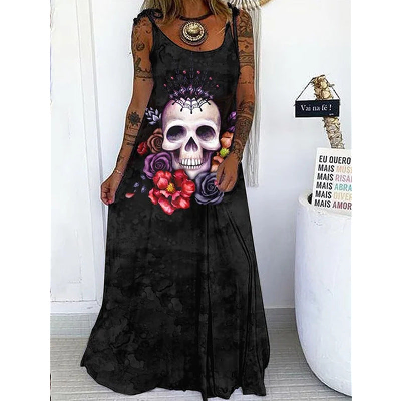 Punk Skull Print Loose Plus Size Lace-up Dress